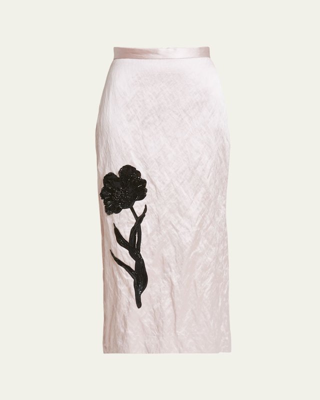 Floral Sequin Beaded Crinkle Pencil Midi Skirt